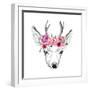 Deer Pencil Drawing with Watercolor Flowers-Maria Sem-Framed Premium Giclee Print