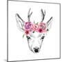 Deer Pencil Drawing with Watercolor Flowers-Maria Sem-Mounted Premium Giclee Print