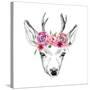 Deer Pencil Drawing with Watercolor Flowers-Maria Sem-Stretched Canvas