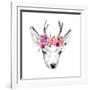 Deer Pencil Drawing with Watercolor Flowers-Maria Sem-Framed Art Print