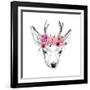 Deer Pencil Drawing with Watercolor Flowers-Maria Sem-Framed Art Print