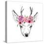 Deer Pencil Drawing with Watercolor Flowers-Maria Sem-Stretched Canvas