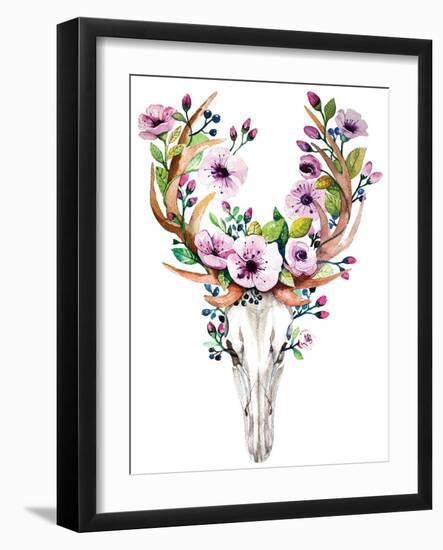 Deer Skull with Flowers - Watercolor-Kris_art-Framed Art Print