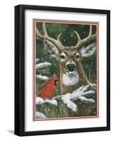 Deer with Cardinal-William Vanderdasson-Framed Giclee Print