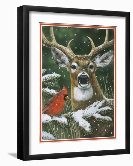 Deer with Cardinal-William Vanderdasson-Framed Giclee Print