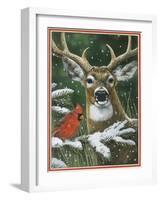 Deer with Cardinal-William Vanderdasson-Framed Giclee Print