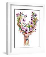 Deer with Flowers - Watercolor-Kris_art-Framed Art Print