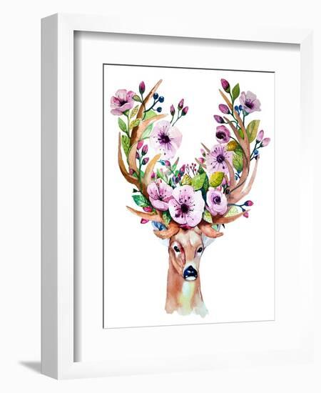 Deer with Flowers - Watercolor-Kris_art-Framed Art Print