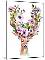 Deer with Flowers - Watercolor-Kris_art-Mounted Art Print