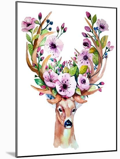 Deer with Flowers - Watercolor-Kris_art-Mounted Art Print