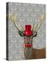 Deer with Red Hat and Moustache-Fab Funky-Stretched Canvas