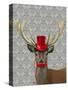 Deer with Red Hat and Moustache-Fab Funky-Stretched Canvas