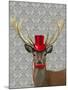 Deer with Red Hat and Moustache-Fab Funky-Mounted Art Print