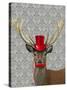 Deer with Red Hat and Moustache-Fab Funky-Stretched Canvas