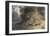 Deerhound and Bitch Cornering a Stag at the Edge of a Woodland Pool (W/C-Newton Fielding-Framed Giclee Print