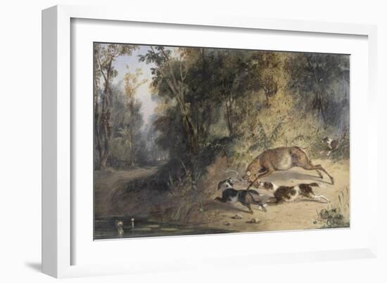 Deerhound and Bitch Cornering a Stag at the Edge of a Woodland Pool (W/C-Newton Fielding-Framed Giclee Print