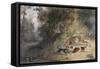 Deerhound and Bitch Cornering a Stag at the Edge of a Woodland Pool (W/C-Newton Fielding-Framed Stretched Canvas