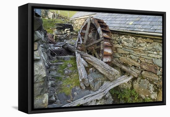 Defunct Undershot Waterwheel on Old Mill Ruin on Welsh Hillside-null-Framed Stretched Canvas