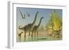 Deinocheirus Dinosaurs Watch a Group of Argentinosaurus Walk Through Shallow Waters-null-Framed Premium Giclee Print