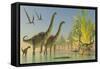 Deinocheirus Dinosaurs Watch a Group of Argentinosaurus Walk Through Shallow Waters-null-Framed Stretched Canvas