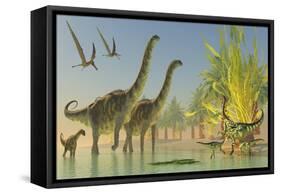 Deinocheirus Dinosaurs Watch a Group of Argentinosaurus Walk Through Shallow Waters-null-Framed Stretched Canvas