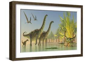 Deinocheirus Dinosaurs Watch a Group of Argentinosaurus Walk Through Shallow Waters-null-Framed Art Print