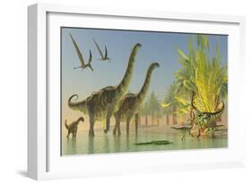 Deinocheirus Dinosaurs Watch a Group of Argentinosaurus Walk Through Shallow Waters-null-Framed Art Print