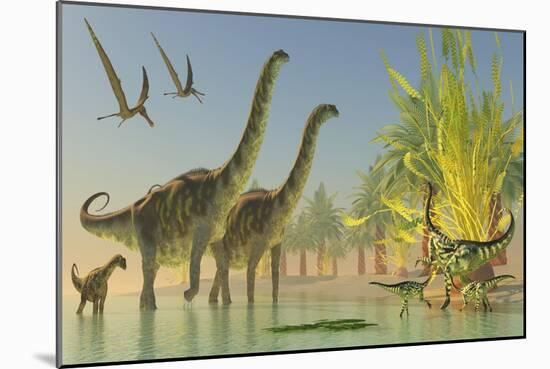 Deinocheirus Dinosaurs Watch a Group of Argentinosaurus Walk Through Shallow Waters-null-Mounted Art Print