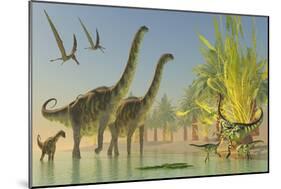 Deinocheirus Dinosaurs Watch a Group of Argentinosaurus Walk Through Shallow Waters-null-Mounted Art Print