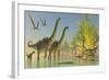 Deinocheirus Dinosaurs Watch a Group of Argentinosaurus Walk Through Shallow Waters-null-Framed Art Print