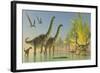 Deinocheirus Dinosaurs Watch a Group of Argentinosaurus Walk Through Shallow Waters-null-Framed Art Print