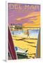 Del Mar, California - Beach Surfers and Pier-Lantern Press-Framed Art Print