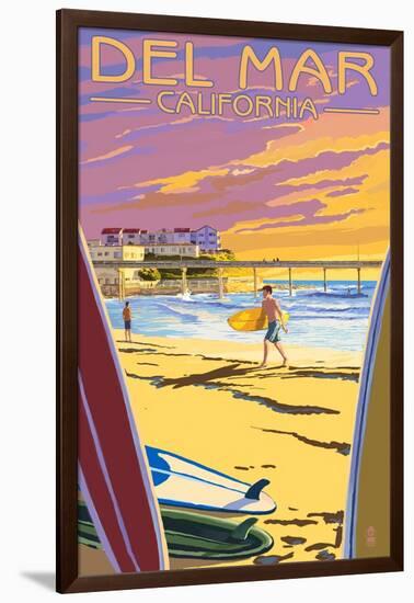 Del Mar, California - Beach Surfers and Pier-Lantern Press-Framed Art Print