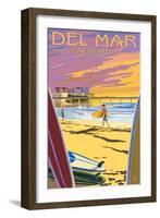 Del Mar, California - Beach Surfers and Pier-Lantern Press-Framed Art Print