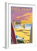 Del Mar, California - Beach Surfers and Pier-Lantern Press-Framed Art Print