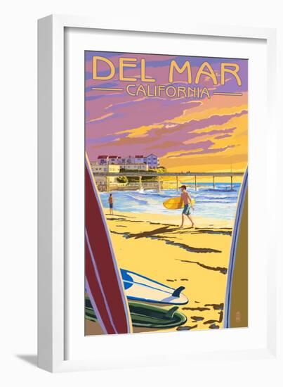 Del Mar, California - Beach Surfers and Pier-Lantern Press-Framed Art Print