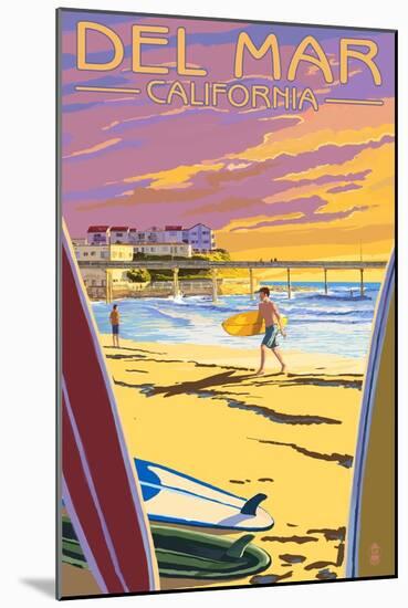 Del Mar, California - Beach Surfers and Pier-Lantern Press-Mounted Art Print