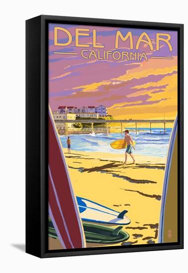 Del Mar, California - Beach Surfers and Pier-Lantern Press-Framed Stretched Canvas