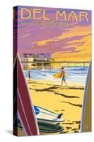 Del Mar, California - Beach Surfers and Pier-Lantern Press-Stretched Canvas