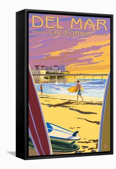 Del Mar, California - Beach Surfers and Pier-Lantern Press-Framed Stretched Canvas