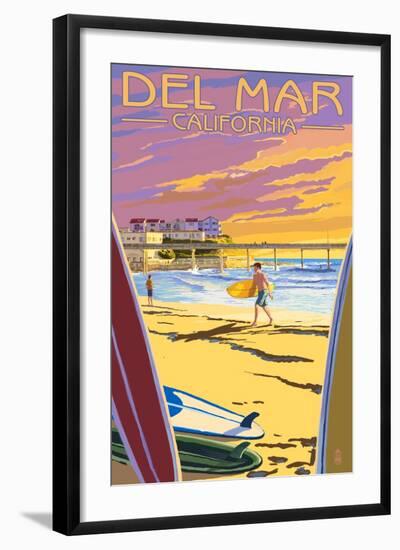 Del Mar, California - Beach Surfers and Pier-Lantern Press-Framed Art Print