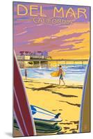 Del Mar, California - Beach Surfers and Pier-Lantern Press-Mounted Art Print