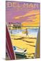 Del Mar, California - Beach Surfers and Pier-Lantern Press-Mounted Art Print