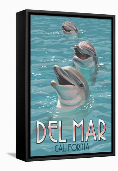 Del Mar, California - Dolphins-Lantern Press-Framed Stretched Canvas