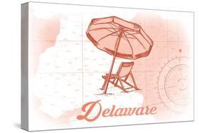 Delaware - Beach Chair and Umbrella - Coral - Coastal Icon-Lantern Press-Stretched Canvas