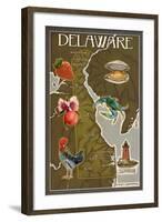 Delaware Map and Icons-Lantern Press-Framed Art Print