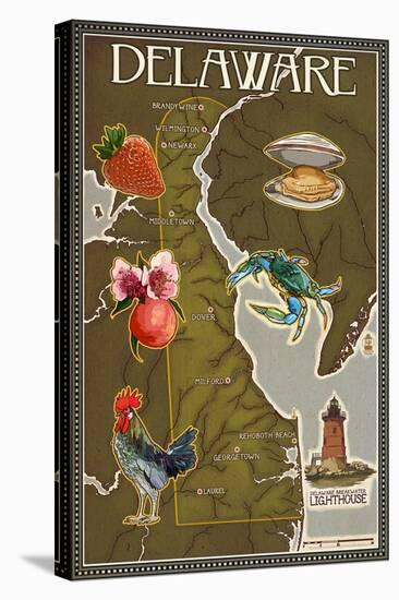 Delaware Map and Icons-Lantern Press-Stretched Canvas