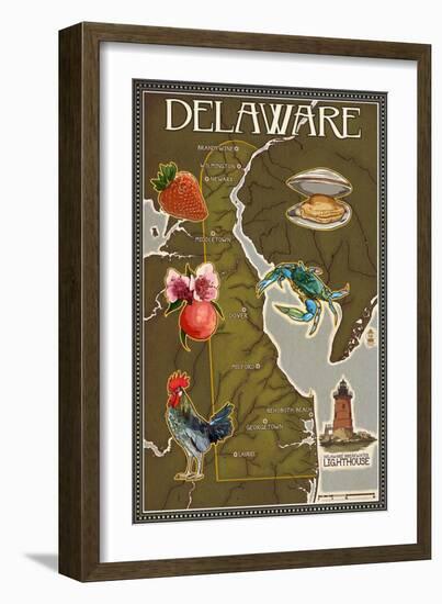 Delaware Map and Icons-Lantern Press-Framed Art Print