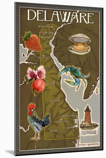 Delaware Map and Icons-Lantern Press-Mounted Art Print
