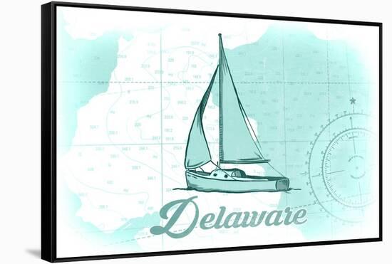 Delaware - Sailboat - Teal - Coastal Icon-Lantern Press-Framed Stretched Canvas